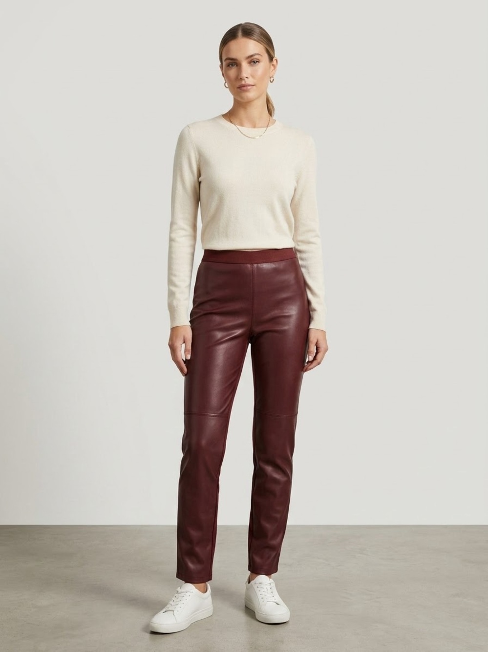 Roaman's Slim Leather-Look Pants in Deep Burgundy
